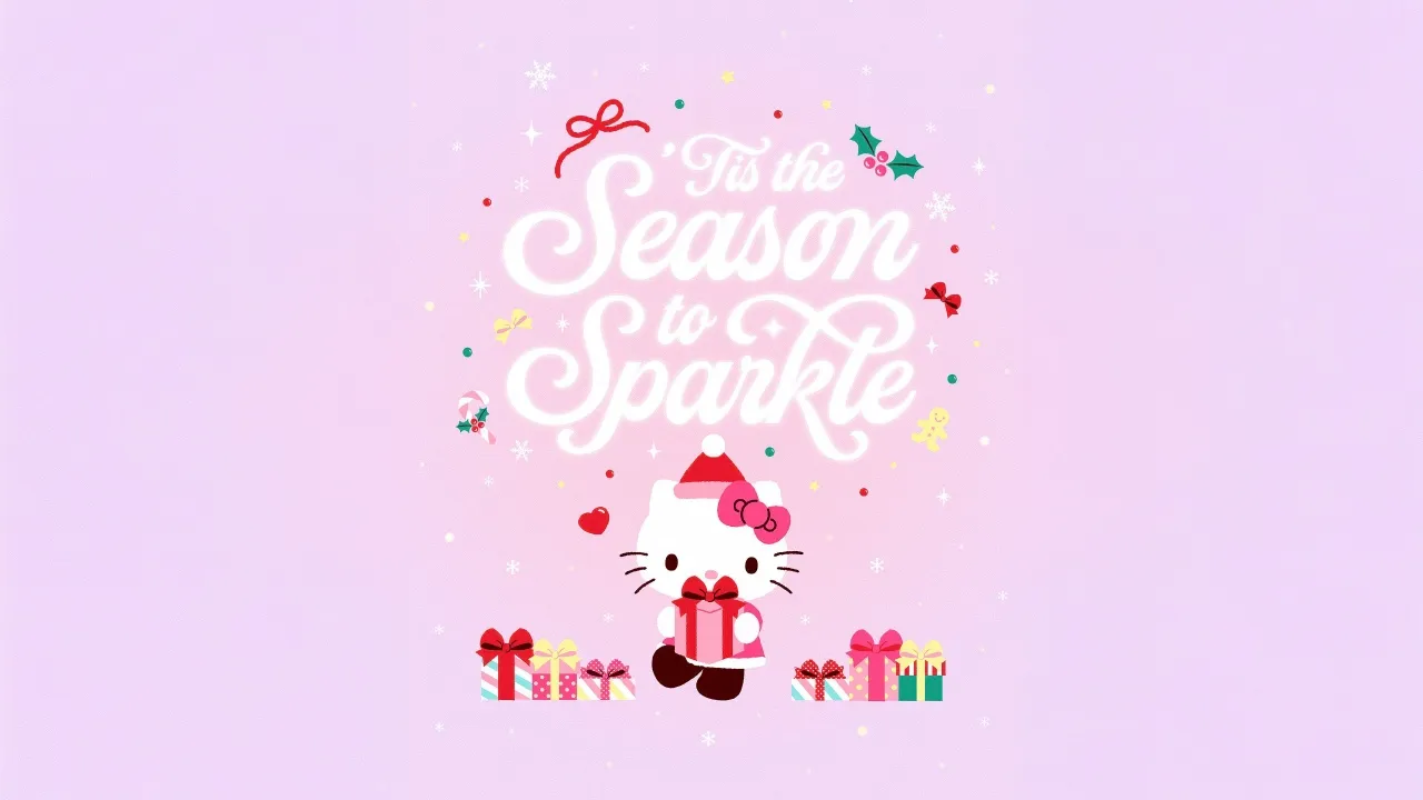 Hello Kitty, Christmas gifts, Sparkling, Pink background, Pink aesthetic, Sanrio, Christmas decoration, 5K, Baby pink