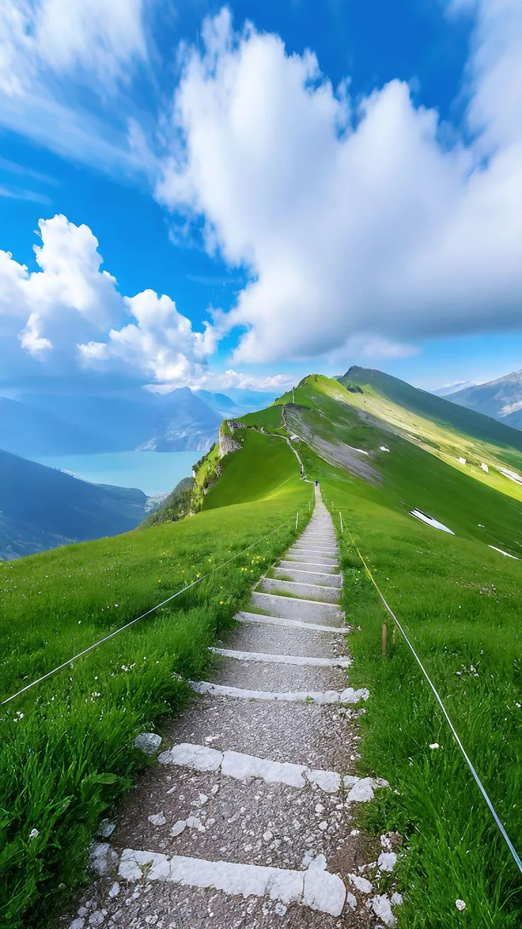 a path going up the side of a green mountain