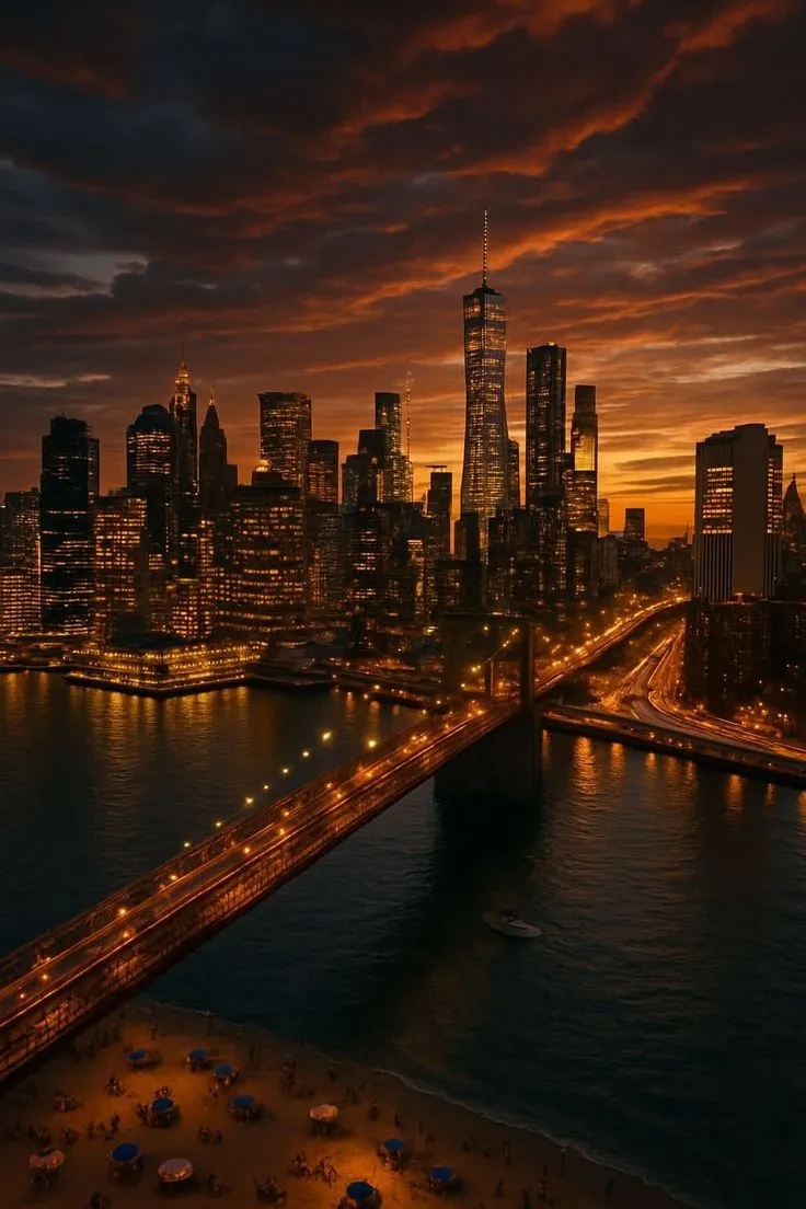 an aerial view of a city at night with the lights on and bridge in the foreground