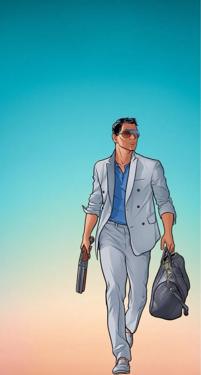 a man in a suit and sunglasses walking down the street with a bag on his shoulder