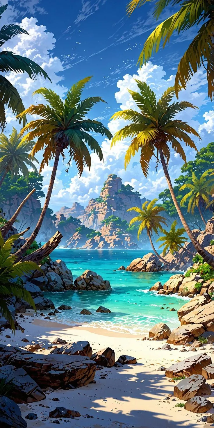 an artist's rendering of a tropical beach scene with palm trees and blue water