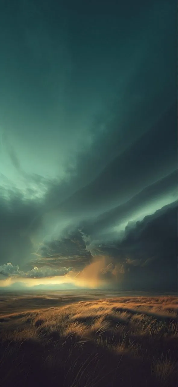 the sky is very dark and cloudy over an open field with tall grass in the foreground