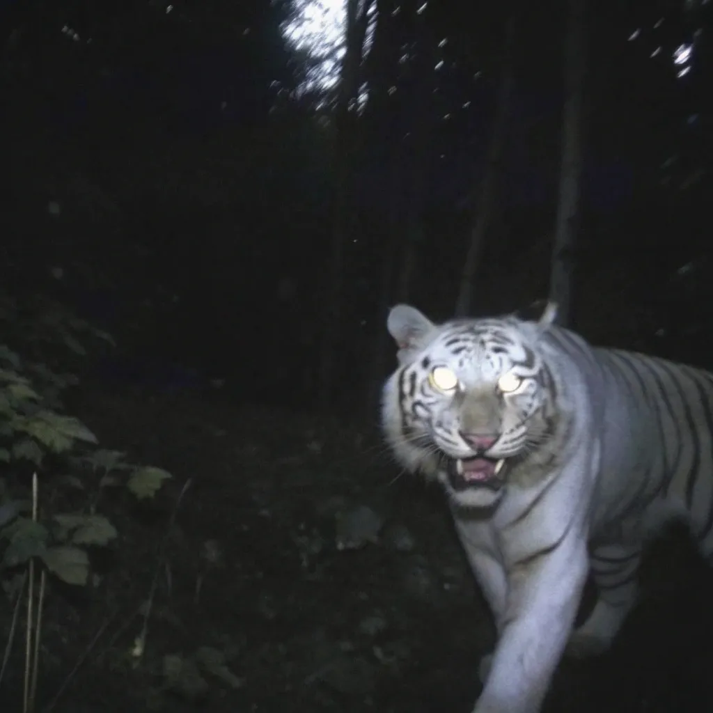 An agressive albino white tiger shot on night vision camera...
