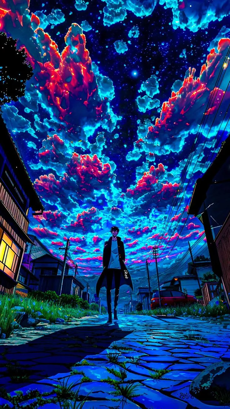 a man standing in the middle of a street under a sky filled with colorful clouds
