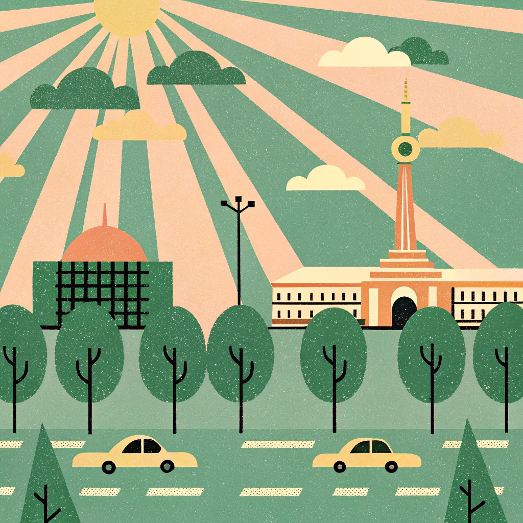 A bright colorful city of the future with elementp of...