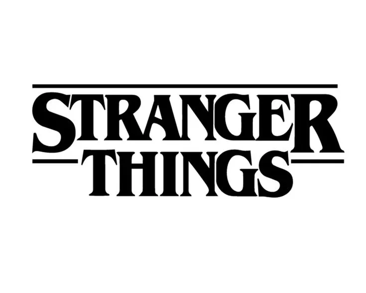 the logo for strange things, which is black and white with red lettering on it