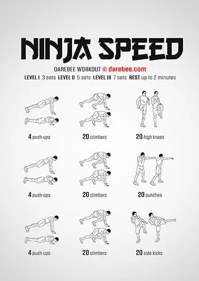 the ninja speed workout poster shows how to do it in 5 minutes or less, with instructions