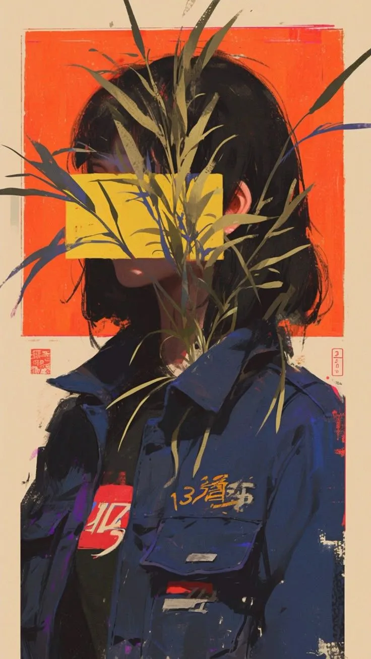 a painting of a woman with grass in her mouth and an orange square behind her head