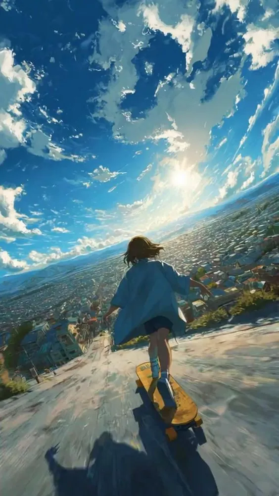 a person riding a skateboard down a road under a blue sky with white clouds