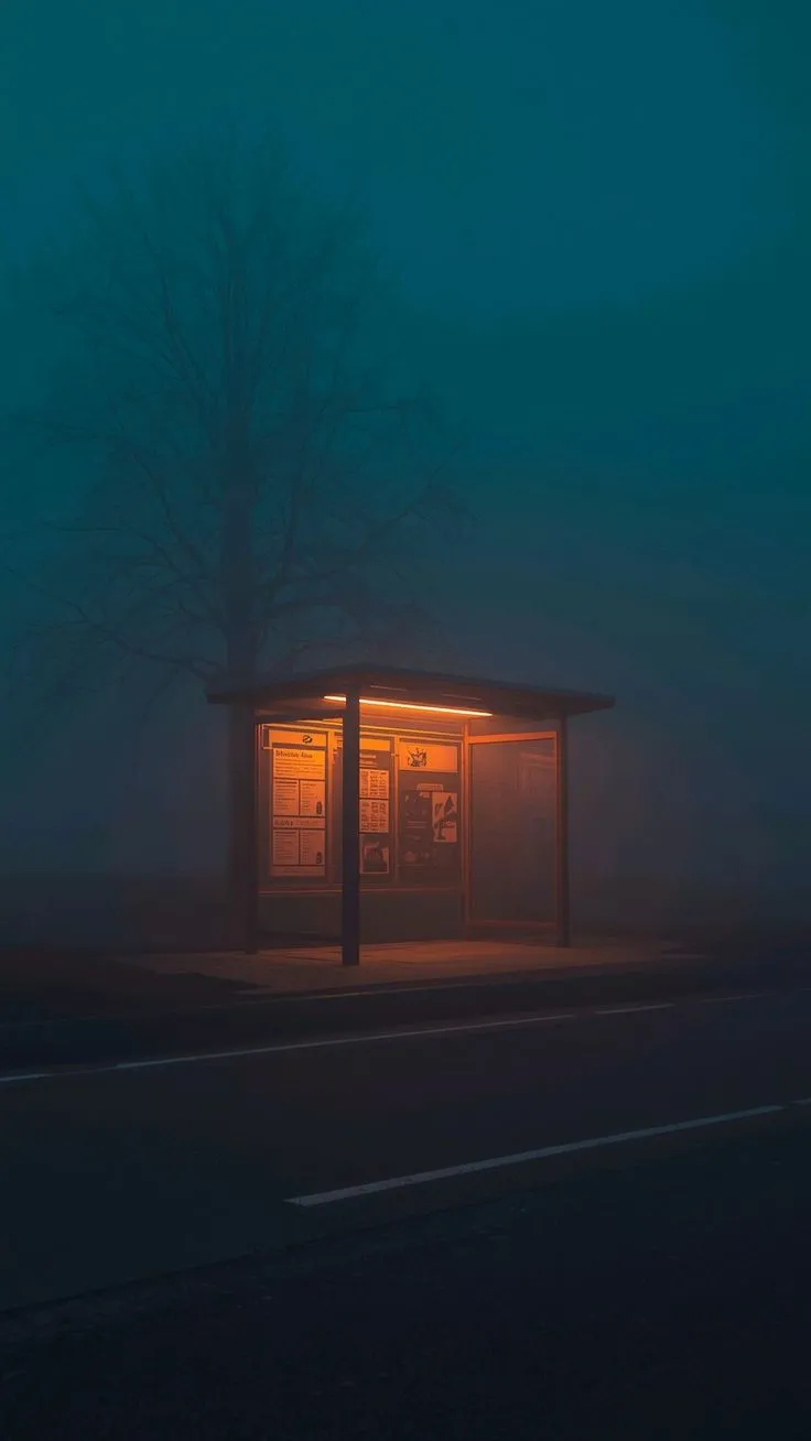 an empty bus stop on a foggy night