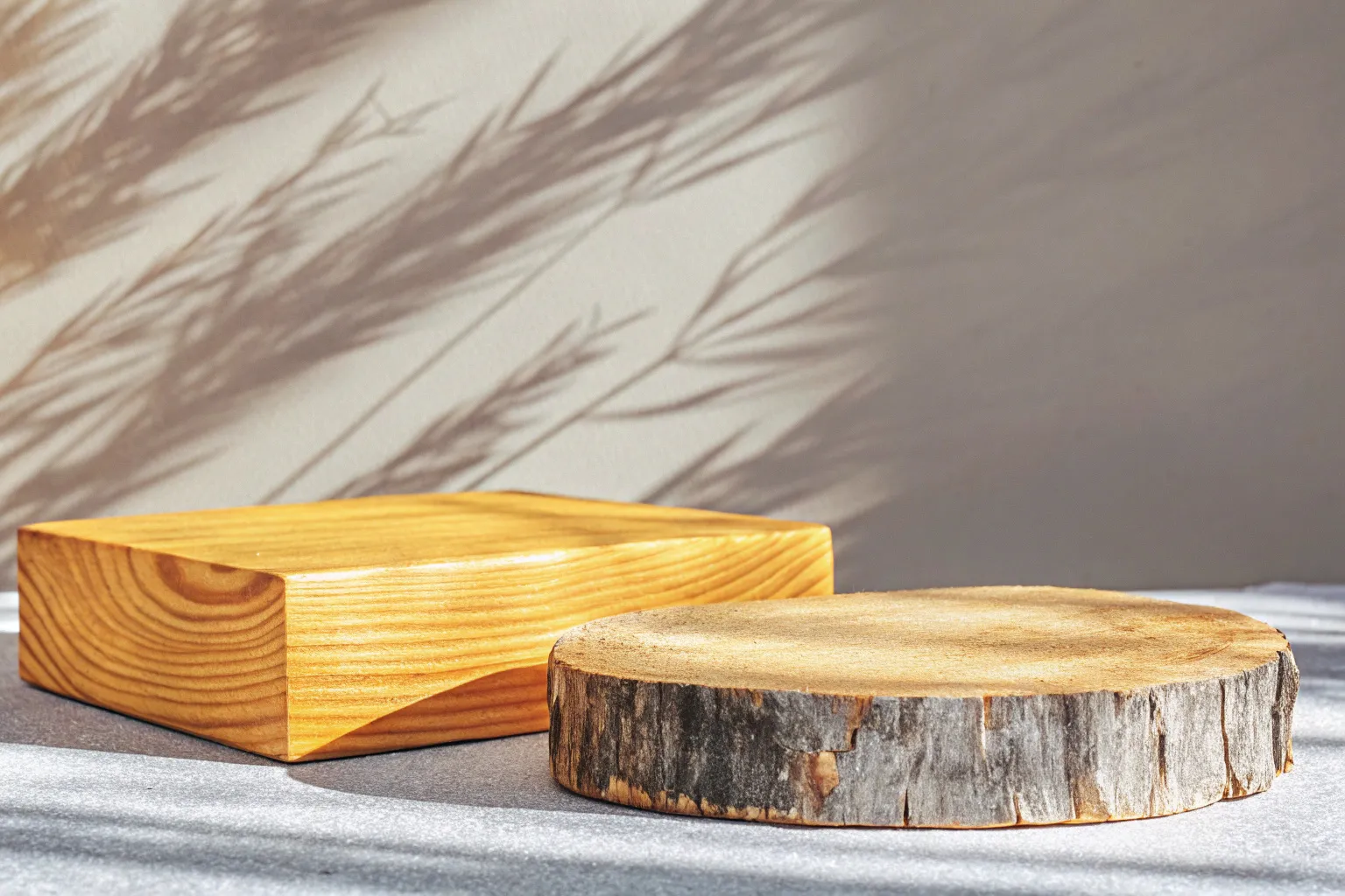 Simple natural wood podium, blank, set on a pale warm...