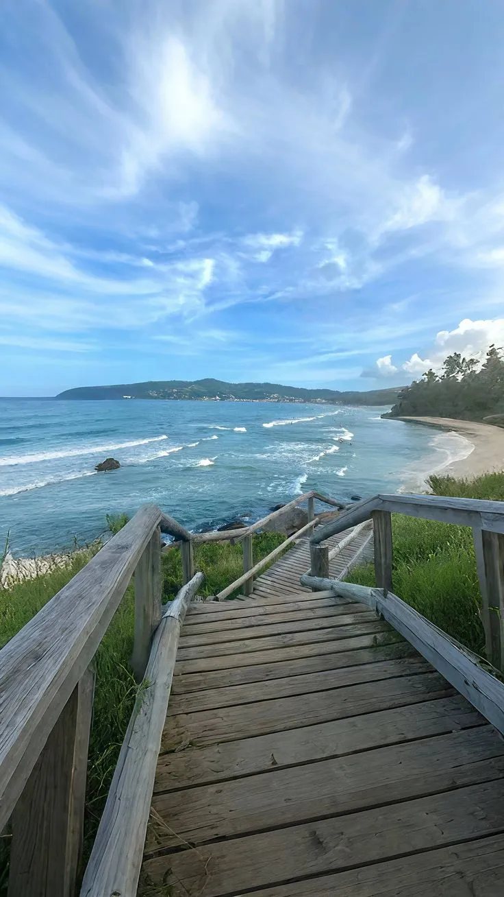 a wooden walkway leading down to the beach