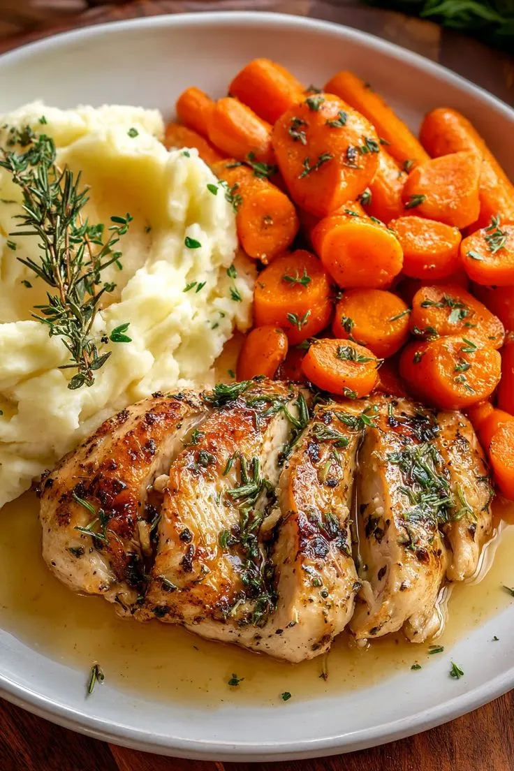 Garlic Herb Chicken with Mashed Potatoes and Glazed Carrots