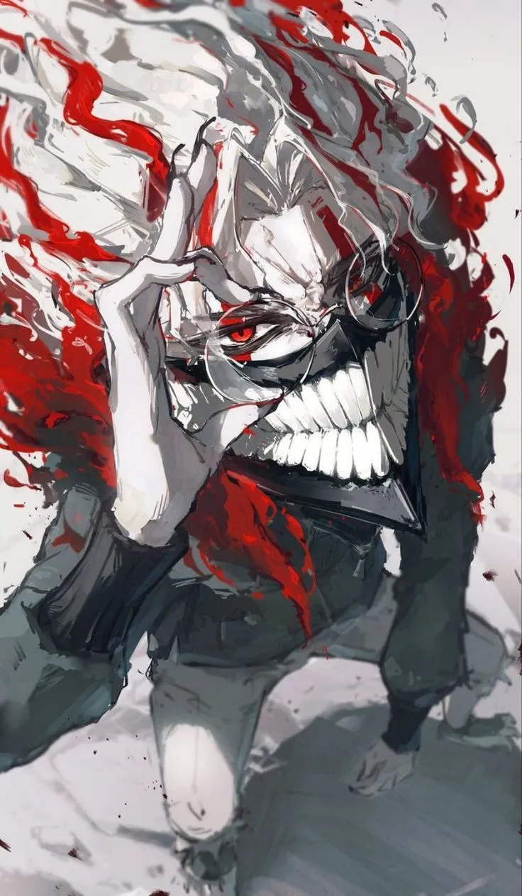 an anime character with red hair and white teeth, holding his hands to his face