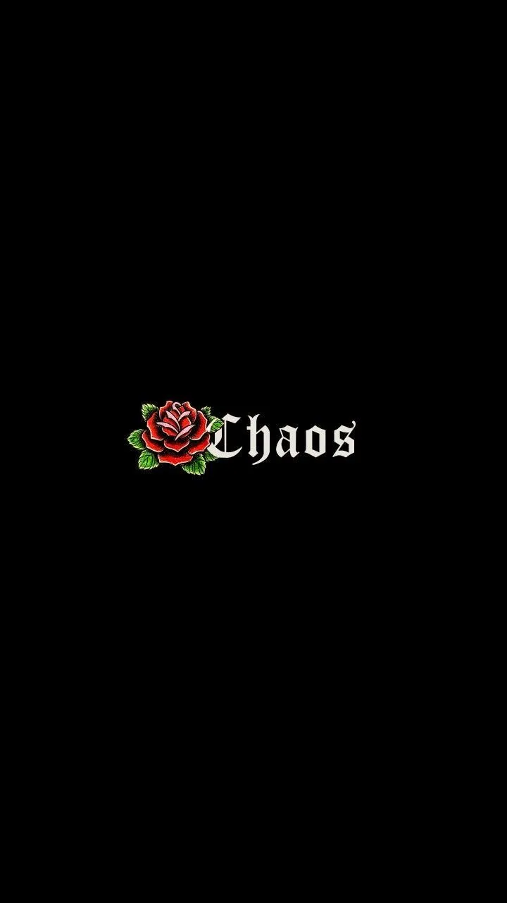 the word chaos with a red rose on it's left side in front of a black background