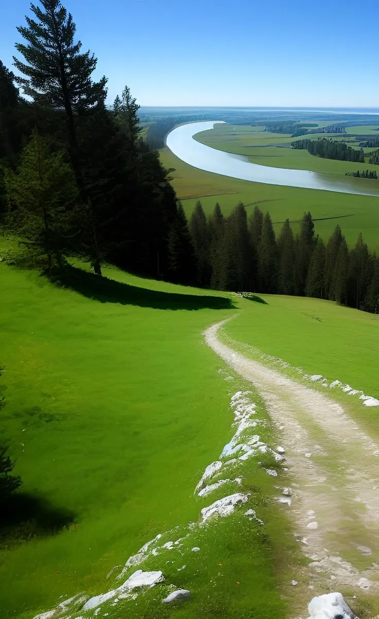 a dirt road in the middle of a green field with trees on both sides and a body of water behind it