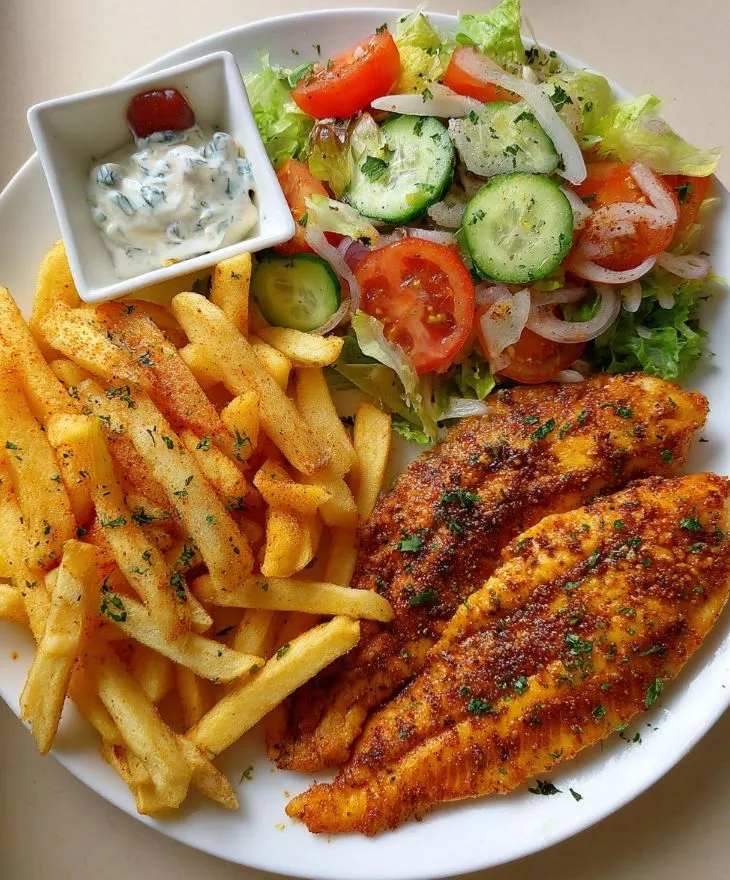 Crispy Pan-Seared Tilapia with Seasoned Fries & Fresh Garden Salad