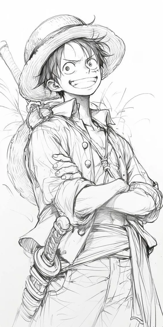 a black and white drawing of a man in a hat with his arms crossed, holding a baseball bat