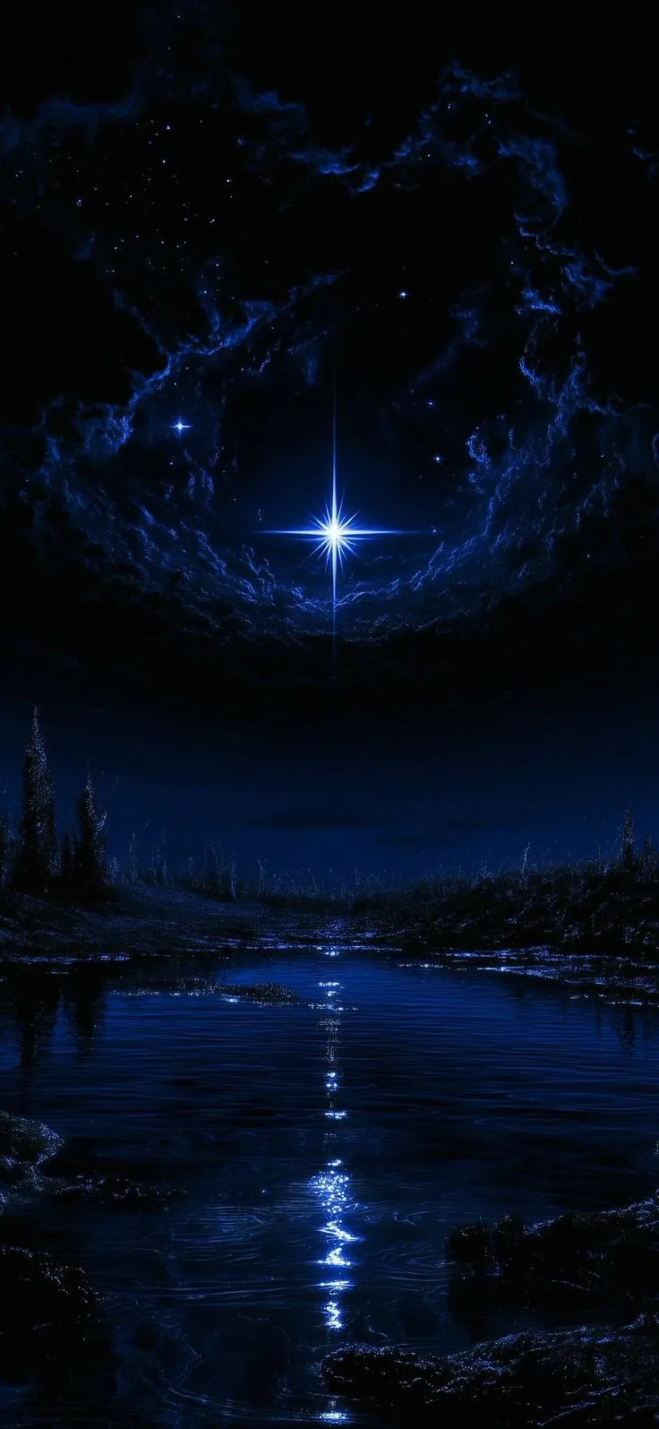 a night scene with the birth of jesus and stars in the sky over a body of water