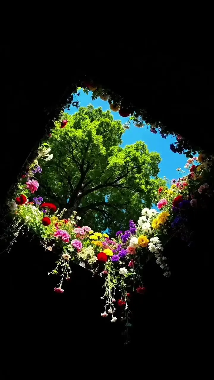 the view from below looking up at trees and flowers in the sky, through an open window