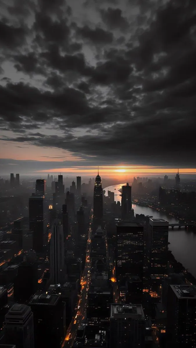 an aerial view of a city at night with the sun going down in the distance