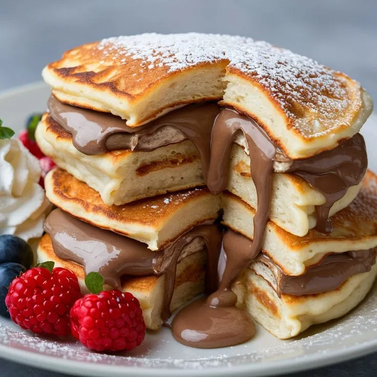 🔶 Nutella-Stuffed Pancakes Recipe 🔶Indulge in these soft, fluffy Nutella-Stuffed Pancakes, perfect for a special breakfast or dessert. The warm, gooey Nutella filling paired with a classic pancake is the ultimate treat for Nutella lovers!👉 Ingredients:For