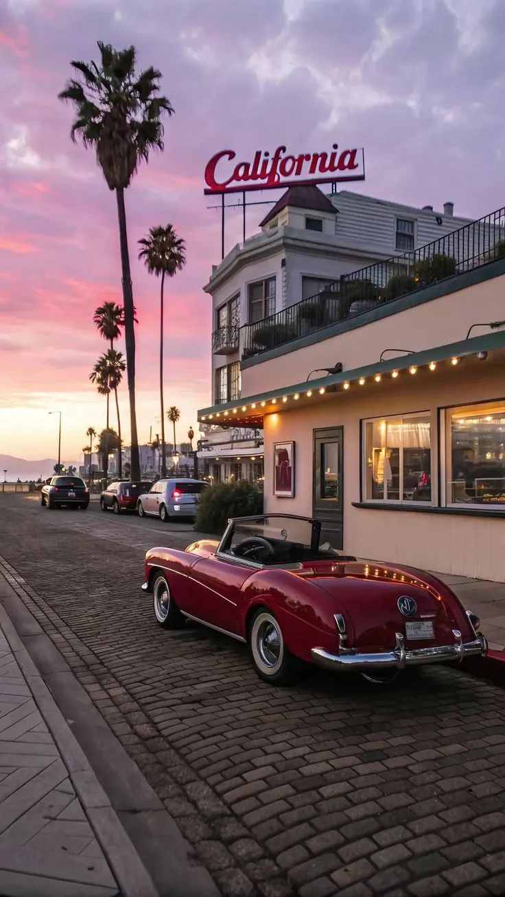 an old red car parked in front of a building with the california sign above it