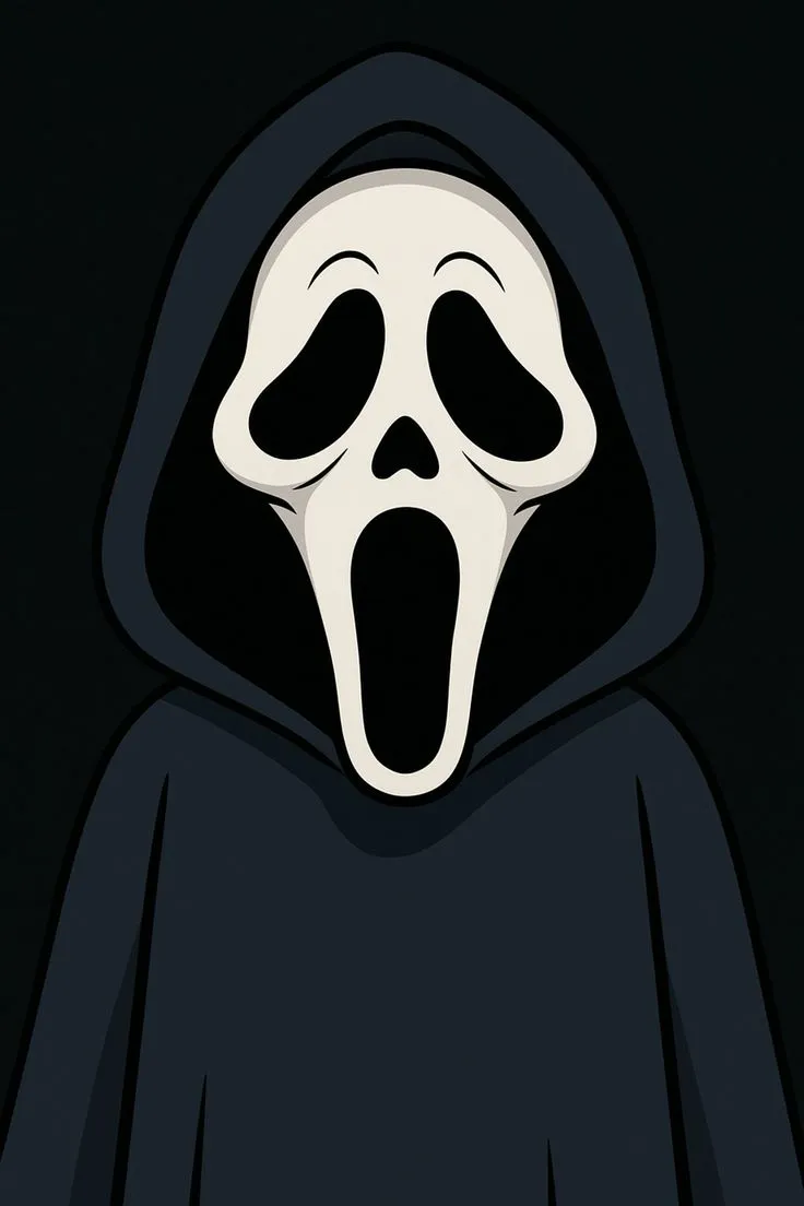 a ghost with its mouth open and eyes wide open in front of a black background