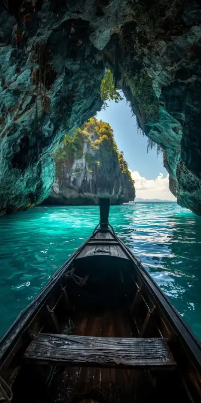 a boat in the water near a cave