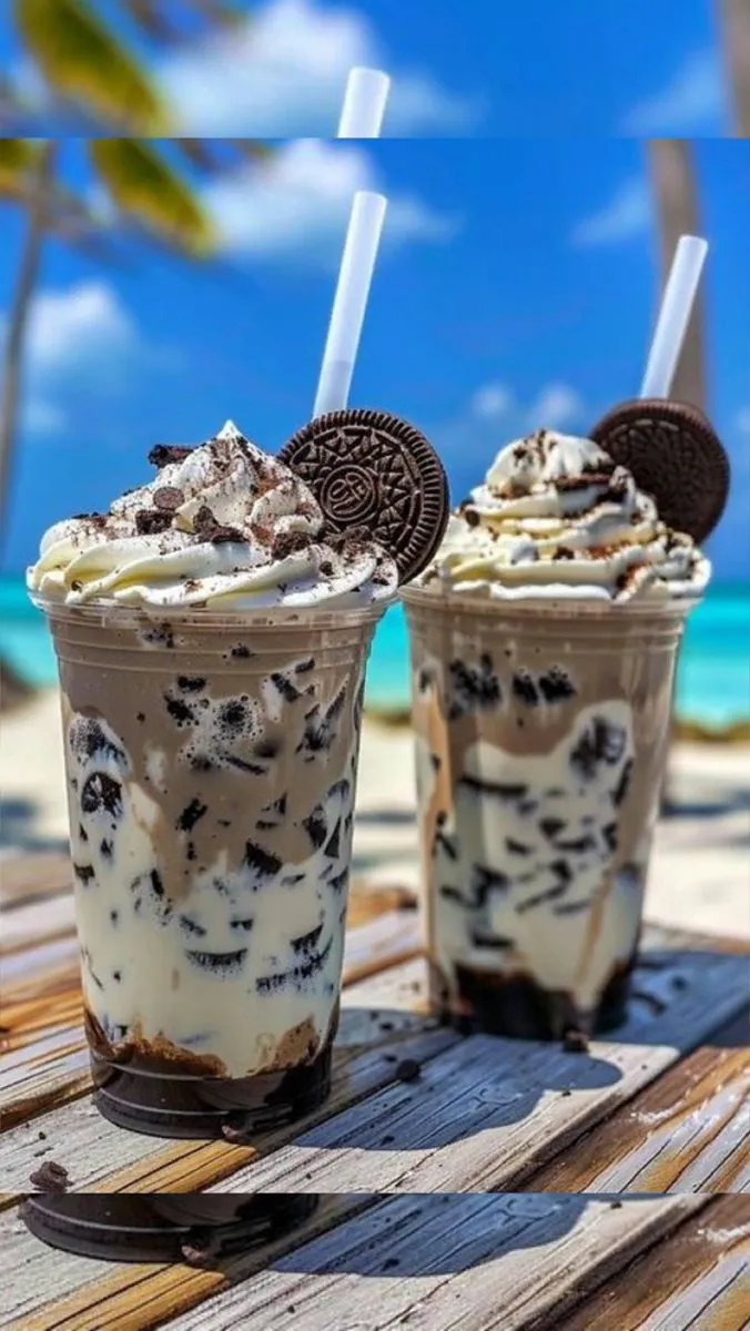 two ice cream sundaes sitting on top of a wooden table next to the ocean
