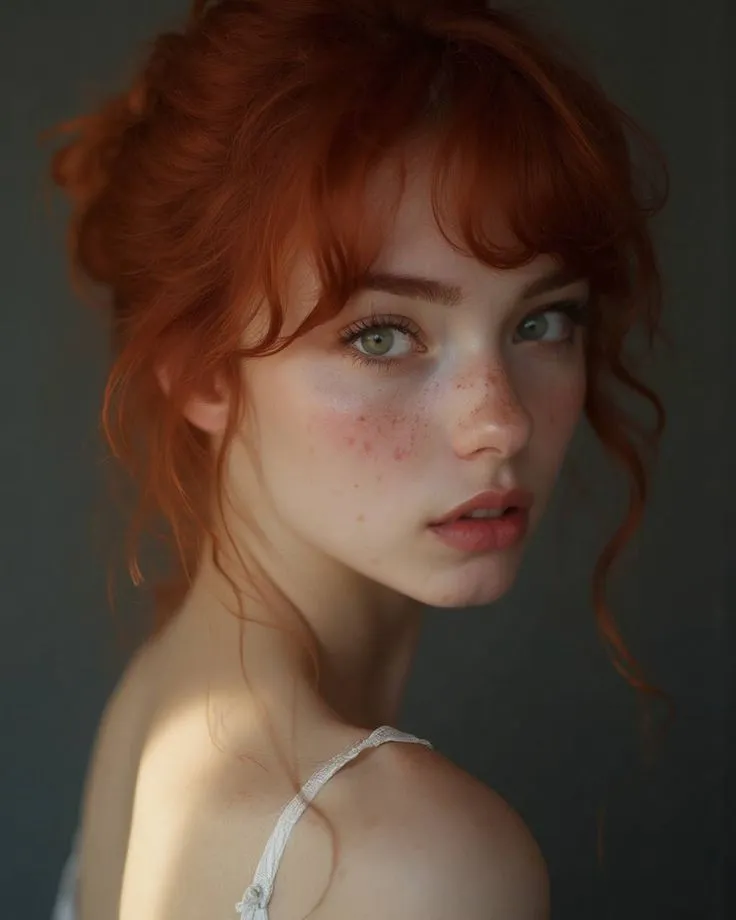 a young woman with freckled hair and blue eyes is looking at the camera