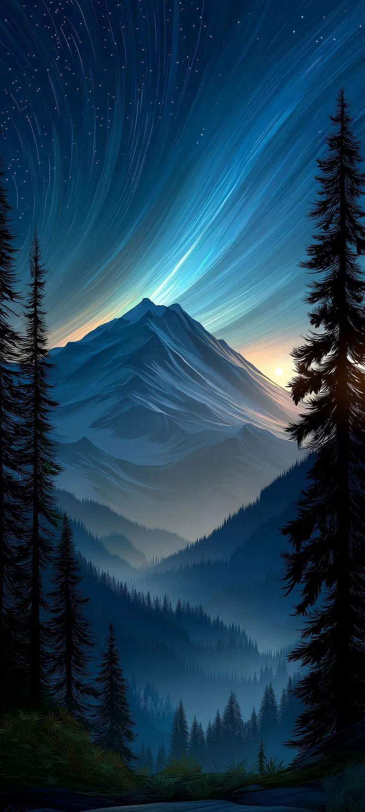 the night sky is lit up with stars above mountains and pine trees in the foreground