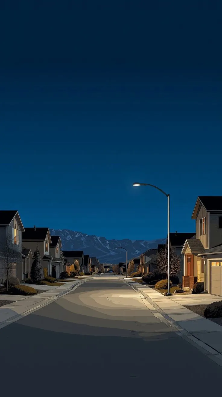 an empty street at night with snow capped mountains in the distance and houses on either side