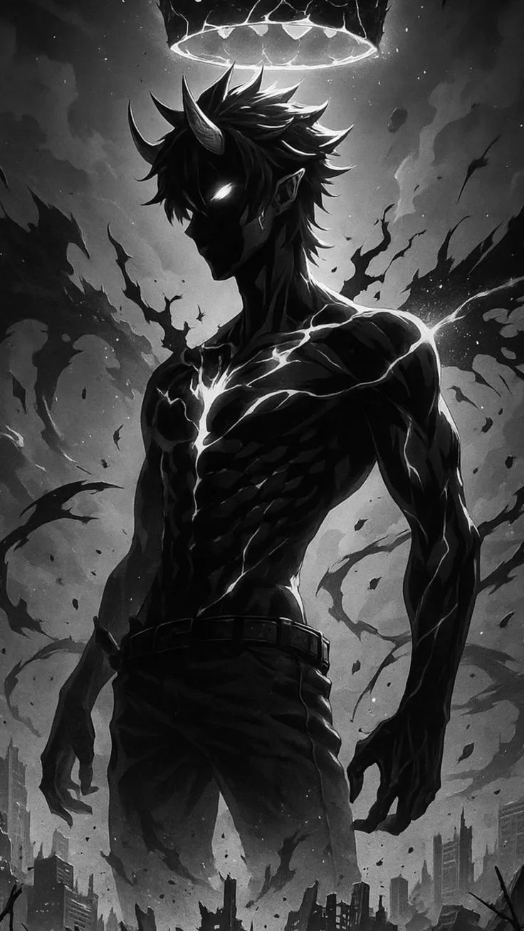 a man standing in front of a city with lightning coming out of his head and eyes