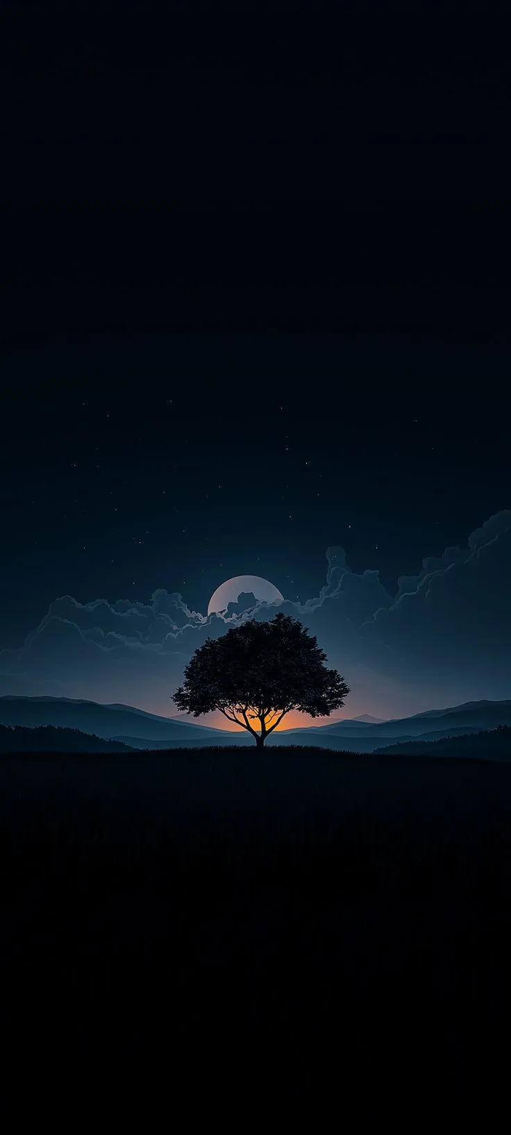 a lone tree is silhouetted against the night sky as the sun sets in the distance