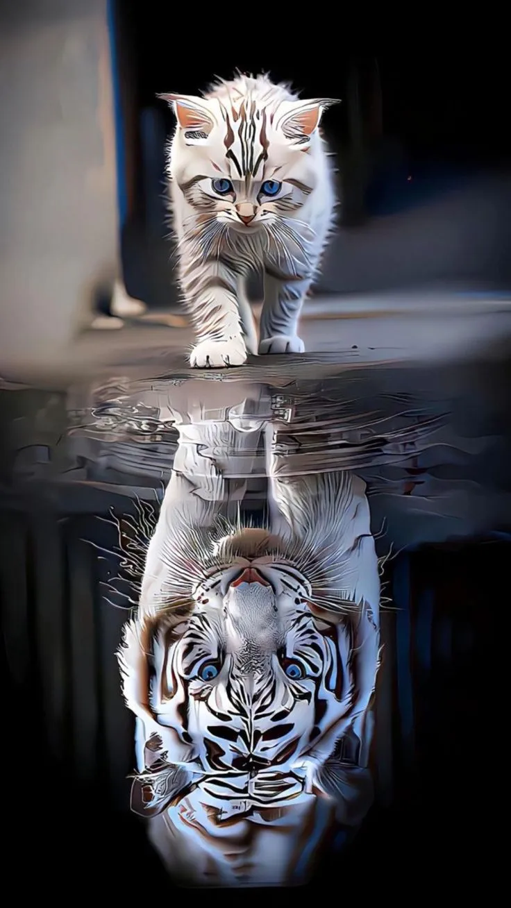 a white tiger is reflected in the water with its reflection on it's surface