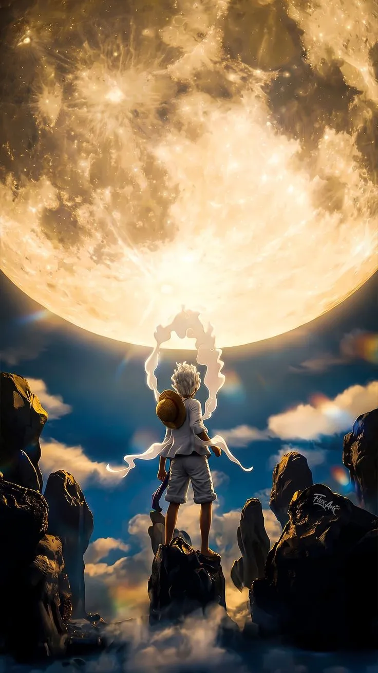 a man standing on top of a rock next to a giant moon