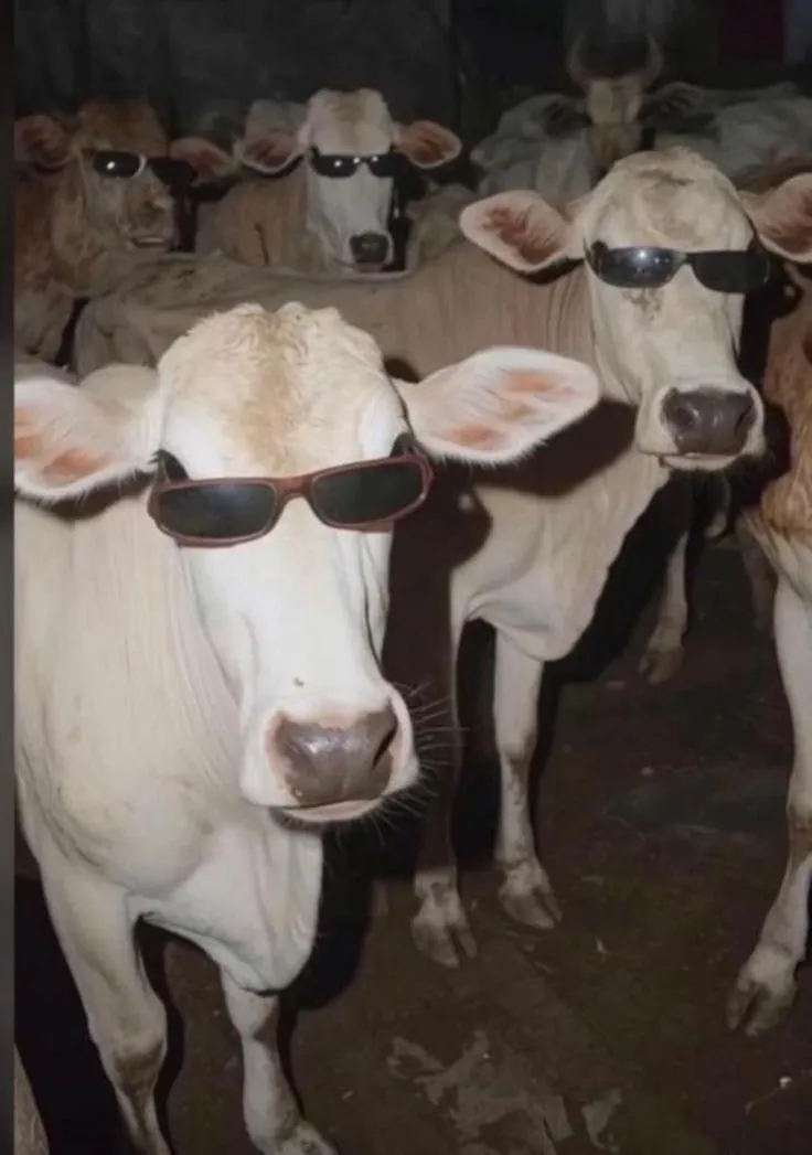 a group of cows wearing sunglasses in a barn