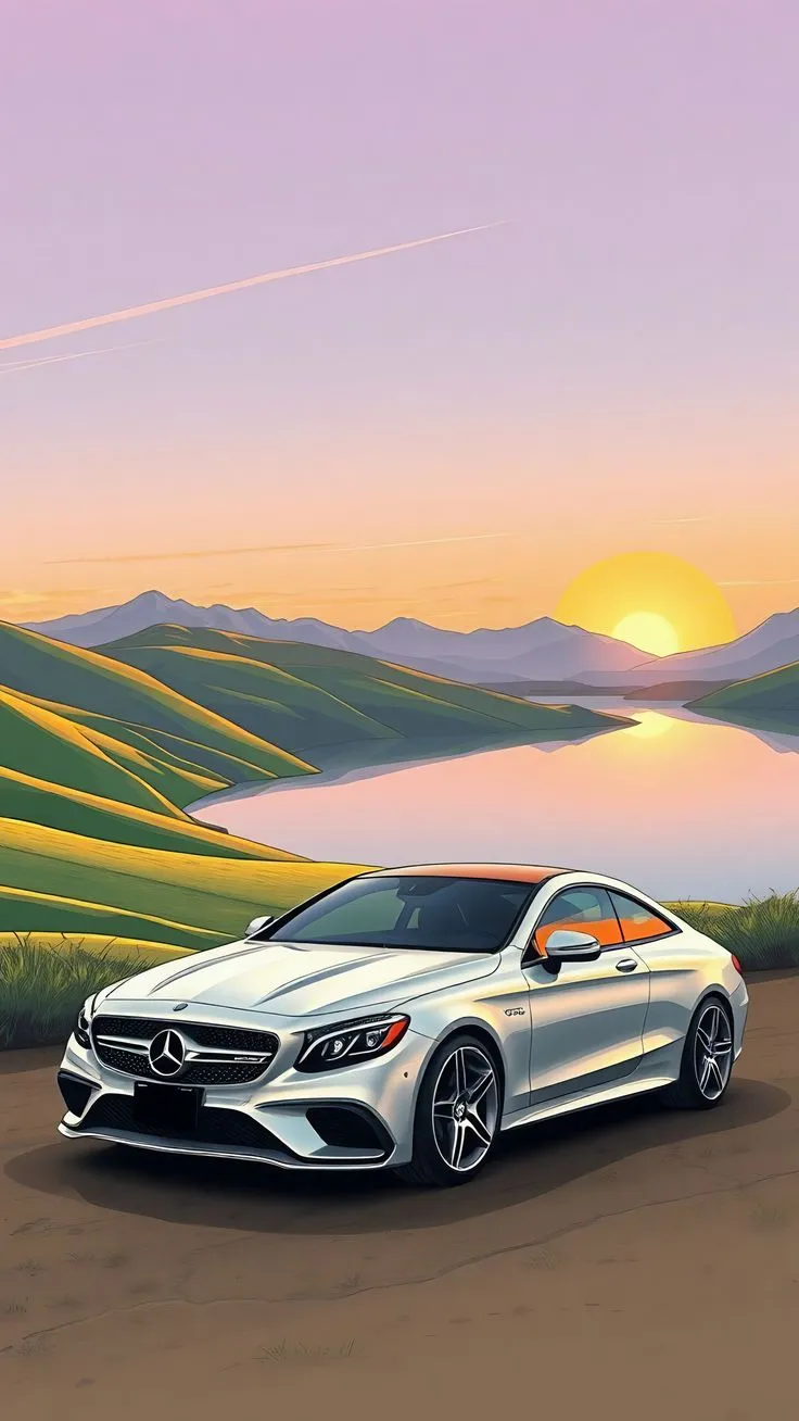 a painting of a white car parked on the side of a road next to a body of water