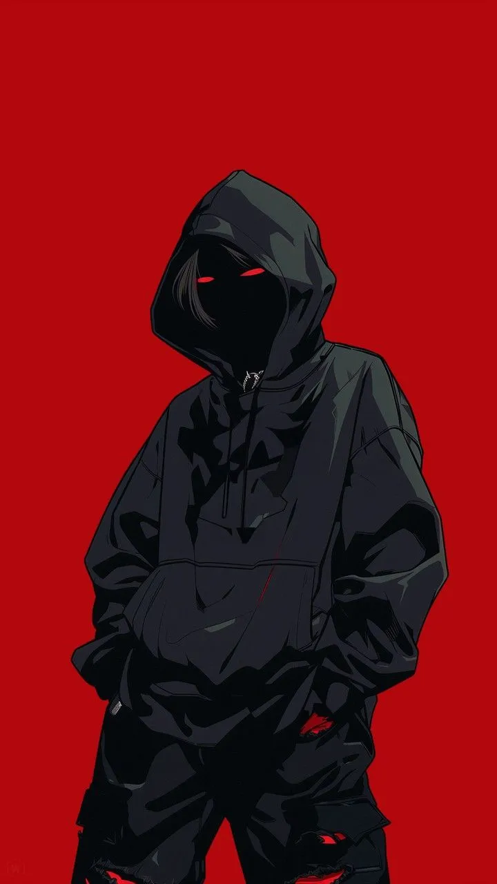 a drawing of a person wearing a black hoodie and ripped jeans, standing in front of a red background