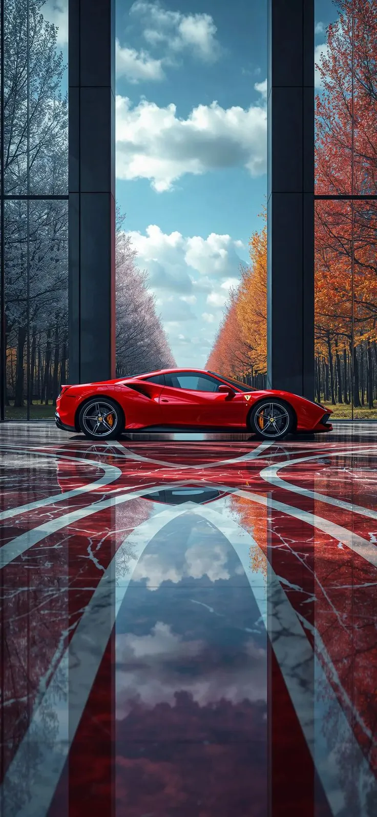a red sports car parked in front of a tall building with columns and trees around it