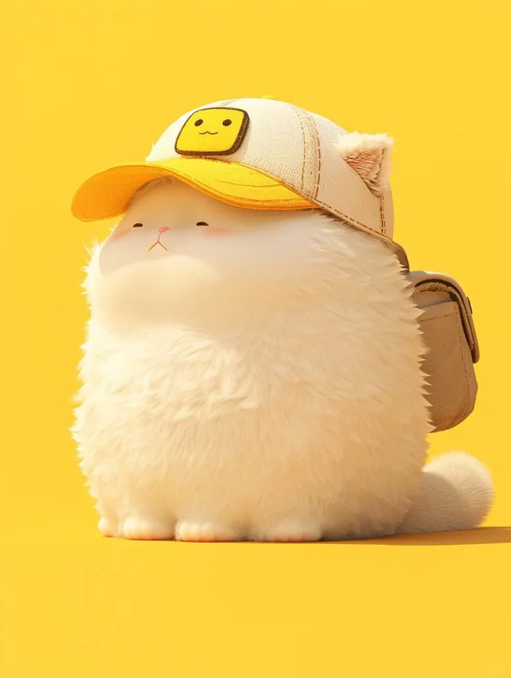 a white cat with a yellow hat and backpack on it's back sitting in front of a yellow background