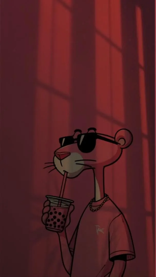 a cartoon character holding a drink in his right hand and wearing sunglasses on her left