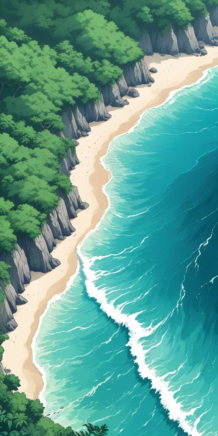 an aerial view of a beach with waves crashing into the shore and trees surrounding it