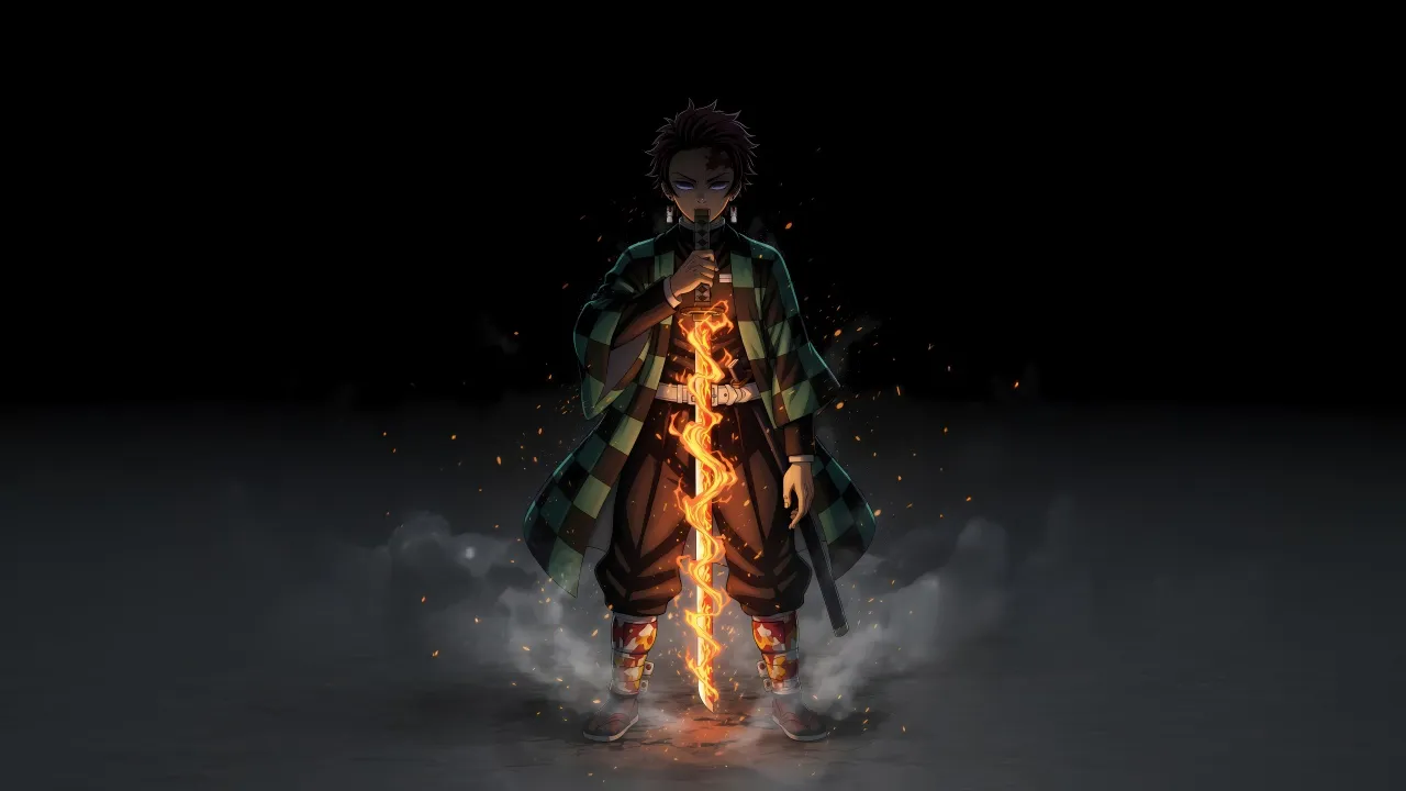 Tanjiro Kamado, Fire effect, Dark background, 5K, Hinokami Kagura, Demon Slayer: Kimetsu no Yaiba