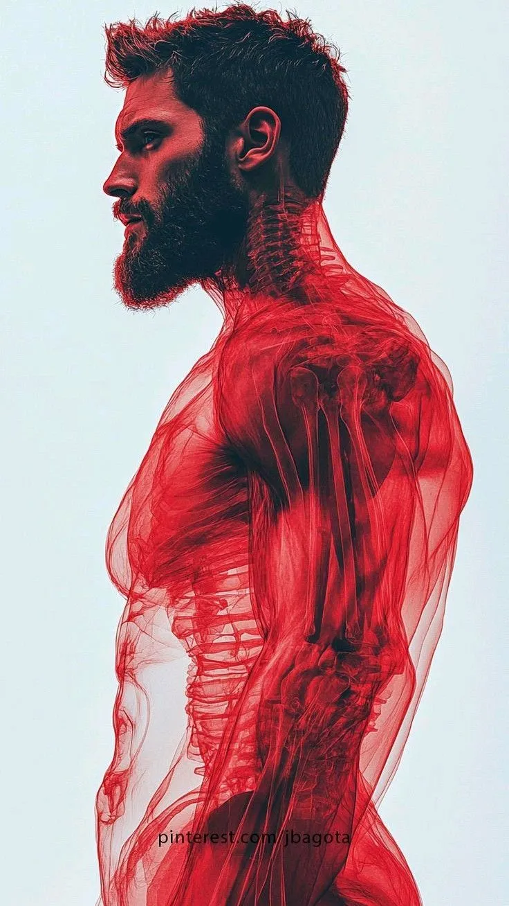 a man with long hair and beard standing in front of a white background wearing a red body suit