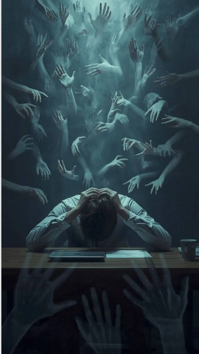 a man sitting at a desk surrounded by hands reaching up to the ceiling in front of him