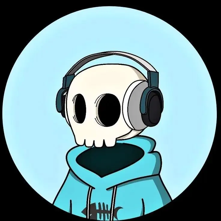 a cartoon character wearing headphones and a hoodie with a skull in the background