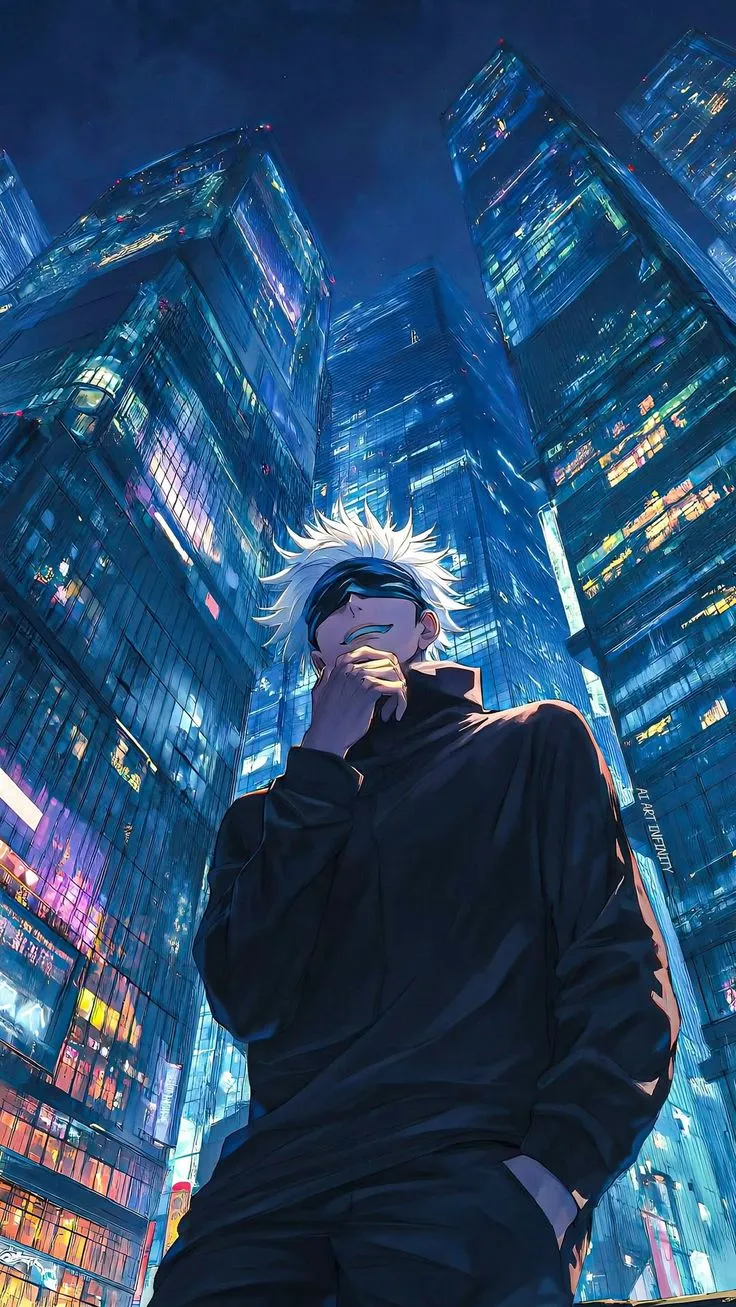 an anime character standing in front of a cityscape at night with his eyes closed