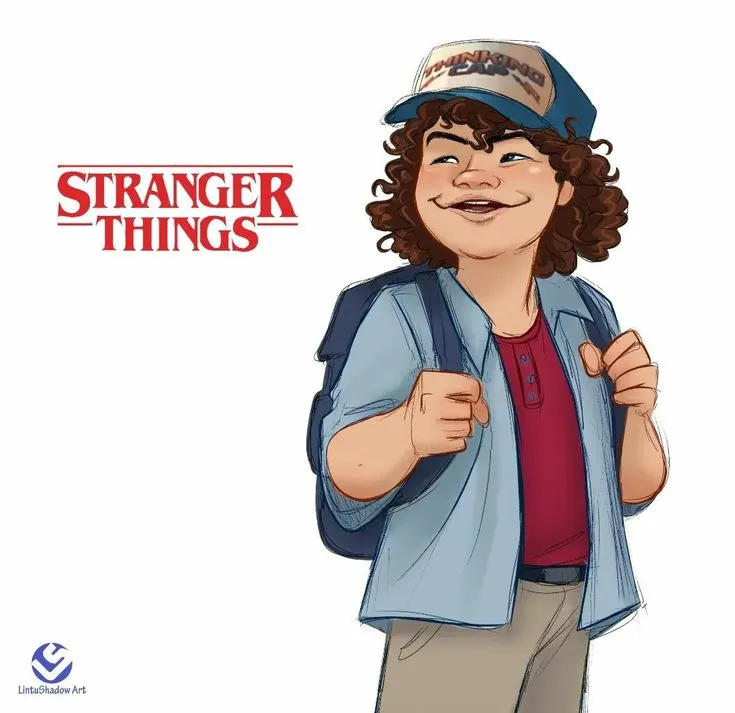 a drawing of a young man with curly hair wearing a baseball cap and jeans, standing in front of a white background